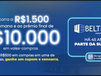 Banner da promoção de aniversário de 45 anos da Beltrame Materiais de Construção, com sorteios semanais de R$1.500 e prêmio final de R$10.000 em vales-compras, válida de agosto a novembro.