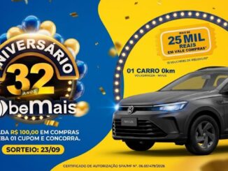 Banner da promoção Aniversário 32 Anos beMais, com sorteio de um Volkswagen Nivus 0km e mais de R$25 mil em vale-compras, a cada R$100,00 em compras receba um cupom, sorteio em 23/09.