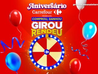 Banner da Promoção Aniversário Carrefour 2026 — Comprou, Ganhou, Girou, Rendeu, com roleta iluminada e balões coloridos sobre fundo vermelho.