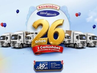 Banner da promoção Aniversário Ideal Móveis 26 Anos, com 2 caminhões recheados de prêmios — ganhe um cupom a cada R$50,00 em compras.