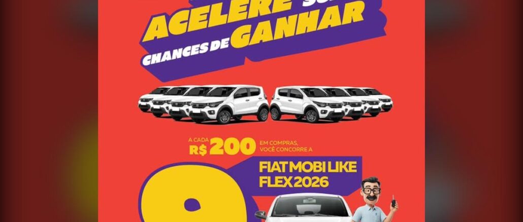 Banner do Aniversário Machado Supermercados com a promoção "Acelere Suas Chances de Ganhar": a cada R$200 em compras, o cliente concorre a 9 carros Fiat Mobi Like Flex 2026.