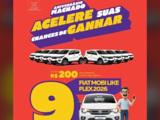 Banner do Aniversário Machado Supermercados com a promoção "Acelere Suas Chances de Ganhar": a cada R$200 em compras, o cliente concorre a 9 carros Fiat Mobi Like Flex 2026.