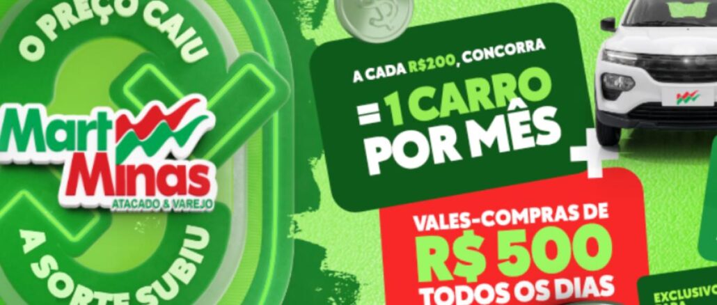 Banner da promoção Aniversário Mart Minas 2026: a cada R$200 em compras, o cliente concorre a 1 carro por mês, mais vales-compras de R$500 todos os dias.