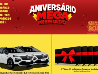 Banner da promoção Aniversário Mega Box Premiado, com prêmios de 2 automóveis Renault Kardian Authentic 1.0 Turbo Automático 0km e 6 TVs de 65 polegadas, com sorteios em 08/08, 15/08 e 22/08.
