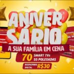 Banner da promoção Aniversário Multishow Supermercados com o tema "A Sua Família em Cena", destacando 70 Smart TVs de 55 polegadas como prêmio e raspadinha digital por R$30, no Espírito Santo.