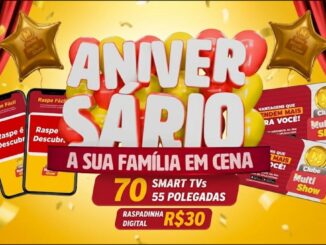 Banner da promoção Aniversário Multishow Supermercados com o tema "A Sua Família em Cena", destacando 70 Smart TVs de 55 polegadas como prêmio e raspadinha digital por R$30, no Espírito Santo.