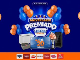 Banner da promoção Aniversário Premiado Astro Food Service, com mais de 20 prêmios, incluindo TV 65 polegadas, freezer, fritadeira, adega e muito mais, válida de 17/08 a 03/10/2026.