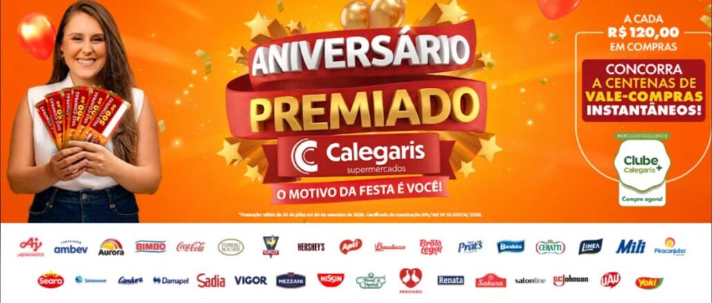 Banner da promoção Aniversário Premiado Calegaris Supermercados, com vale-compras instantâneos a cada R$120,00 em compras, válida de julho a setembro de 2026.