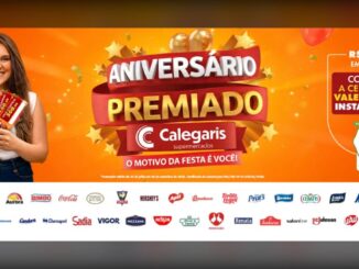 Banner da promoção Aniversário Premiado Calegaris Supermercados, com vale-compras instantâneos a cada R$120,00 em compras, válida de julho a setembro de 2026.
