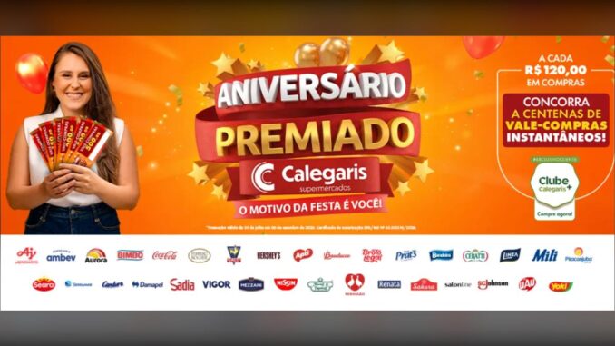 Banner da promoção Aniversário Premiado Calegaris Supermercados, com vale-compras instantâneos a cada R$120,00 em compras, válida de julho a setembro de 2026.