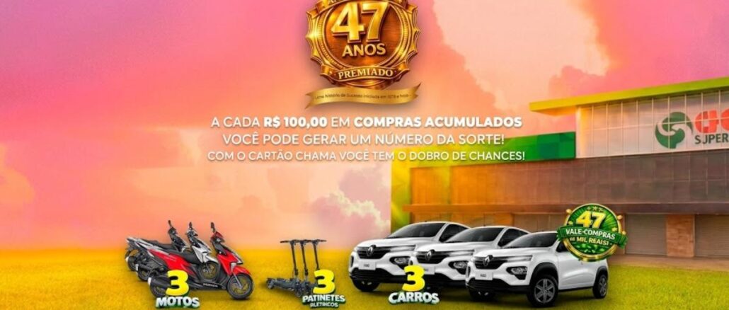 Aniversario Premiado Chama Supermercados 2026 em São Paulo Promoção Aniversário Premiado 47 Anos Chama Supermercados: a cada R$100,00 em compras acumuladas, o cliente gera um número da sorte. Prêmios: 3 motos, 3 patinetes elétricos, 3 carros e 47 vale-compras de R$1.000,00.
