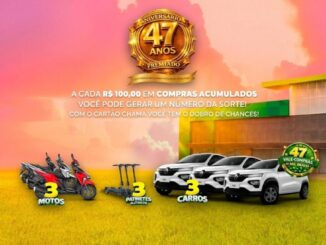 Promoção Aniversário Premiado 47 Anos Chama Supermercados: a cada R$100,00 em compras acumuladas, o cliente gera um número da sorte. Prêmios: 3 motos, 3 patinetes elétricos, 3 carros e 47 vale-compras de R$1.000,00.