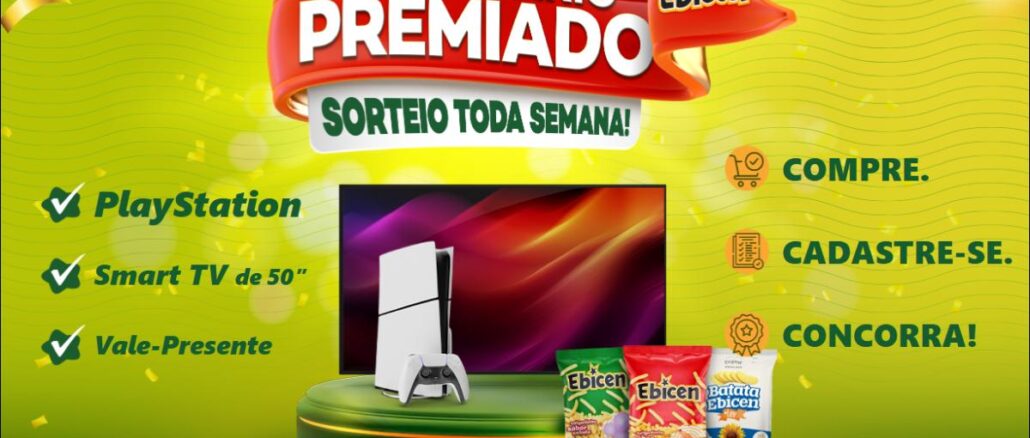 Banner da promoção Aniversário Premiado Ebicen 2026, com sorteio toda semana de PlayStation, Smart TV 50" e Vale-Presente.