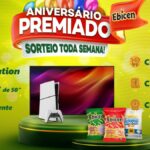 Banner da promoção Aniversário Premiado Ebicen 2026, com sorteio toda semana de PlayStation, Smart TV 50" e Vale-Presente.