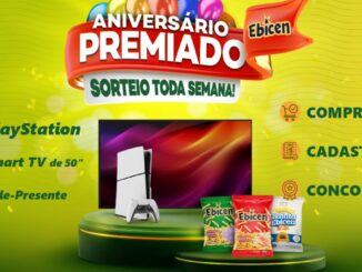 Banner da promoção Aniversário Premiado Ebicen 2026, com sorteio toda semana de PlayStation, Smart TV 50" e Vale-Presente.