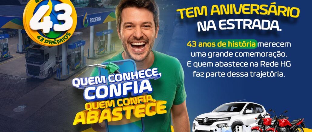 Banner da promoção Aniversário Rede HG Postos de Combustível — 43 Anos, 43 Prêmios, com sorteio de carro, motos e smartphones, válido de 1/08/2026 a 27/10/2026.