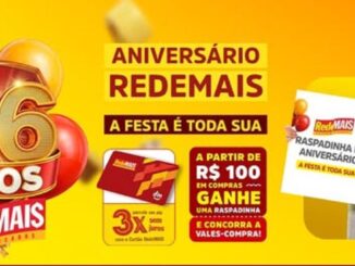 Banner do Aniversário Redemais 26 Anos: a partir de R$100 em compras, receba uma raspadinha e concorra a vales-compra.