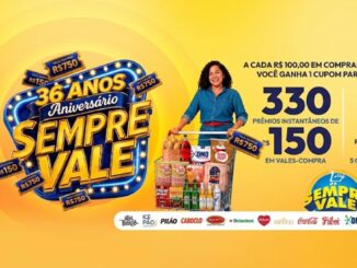 Banner da promoção Aniversário Sempre Vale 36 Anos: a cada R$100,00 em compras no Clube Sempre+, o cliente ganha 1 cupom para concorrer a 330 prêmios instantâneos de R$150 em vales-compra e 65 vales-compra de R$750, sendo 5 ganhadores por loja.