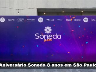 Painel do Aniversário Soneda 8 Anos com logotipos de marcas parceiras como Nivea, Pantene, Neutrogena e outras, em fundo roxo com confetes coloridos.