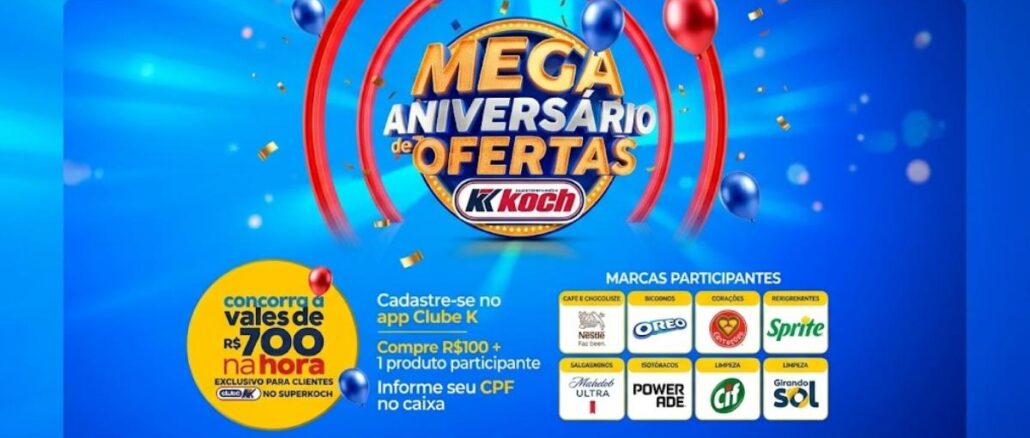 Banner promocional do Mega Aniversário de Ofertas do Superkoch em Santa Catarina, com sorteio de vales de R$700 na hora para clientes do Clube K, válido de 27/08 a 2/09/2026.