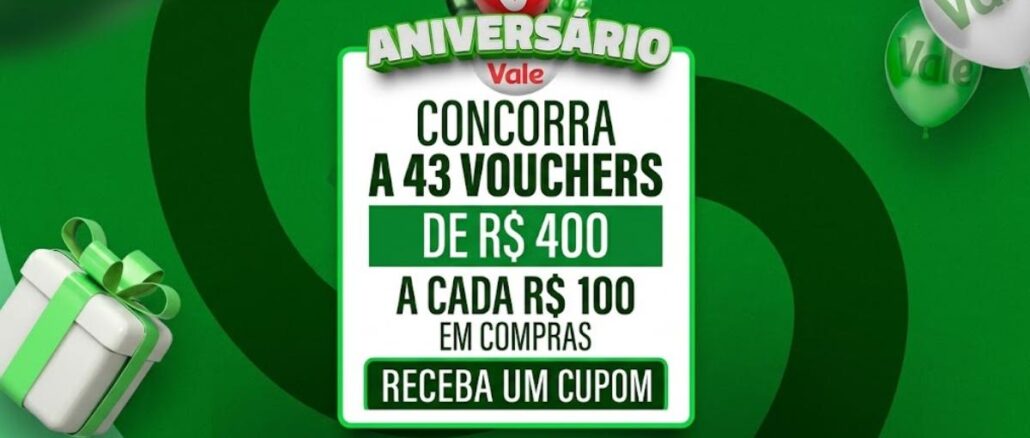 Banner da promoção Aniversário Vale do Pará 43 anos, com sorteio de 43 vouchers de R$400 cada para clientes do Rio Grande do Norte.
