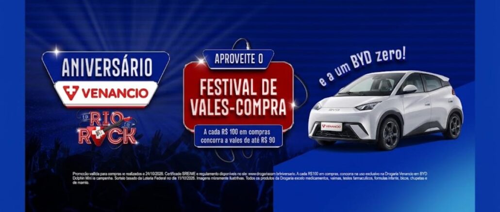 Banner da promoção Aniversário Venancio 2026: Festival de Vales-Compra com sorteio de um BYD Dolphin Mini zero e ingressos para o Rock in Rio.
