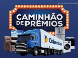 Promoção Caminhão de Prêmios Colombo 2026 com sorteio de eletrodomésticos e móveis, incluindo geladeira, fogão, máquina de lavar, televisão e poltrona reclinável.
