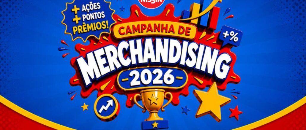 Campanha de Merchandising Nissin 2026 Banner da Campanha de Merchandising Nissin 2026, com troféu dourado, estrelas e gráfico de crescimento, sobre fundo azul e vermelho.