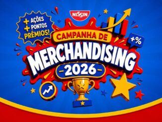 Banner da Campanha de Merchandising Nissin 2026, com troféu dourado, estrelas e gráfico de crescimento, sobre fundo azul e vermelho.