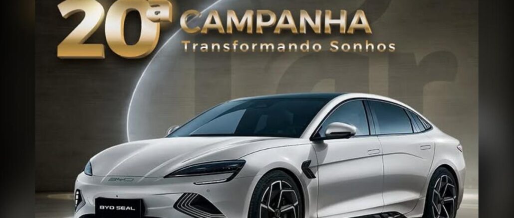 Promoção Clube Lar+ 20ª Campanha Transformando Sonhos, com imagem do carro elétrico BYD Seal branco como prêmio principal.