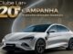 Promoção Clube Lar+ 20ª Campanha Transformando Sonhos, com imagem do carro elétrico BYD Seal branco como prêmio principal.