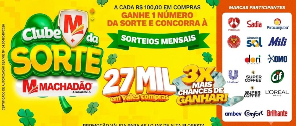 Banner da promoção Clube M da Sorte do Machadão Atacadista, com sorteios mensais de R$27.000,00 em vales-compras para lojas de Alta Floresta, Matupá, Confresa e Primavera do Leste, no Mato Grosso.
