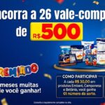 Banner da promoção Clube Arco-Mix Premiado em Pernambuco 2026, com 26 vale-compras de R$500 a sorteio entre compradores de produtos Embaré, Camponesa e Betânia.
