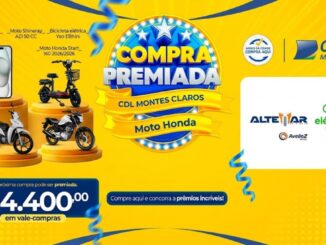 Banner da promoção Compra Premiada CDL Montes Claros 2026, com prêmios que incluem iPhone 15, motos, bicicleta elétrica e R$14.400,00 em vale-compras.