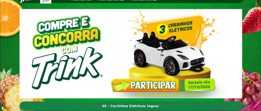 Banner da promoção Compre e Concorra com Trink, em parceria com Master Supermercados, oferecendo 3 carrinhos elétricos Jaguar como prêmio, com sorteio em 17/10/2026 e início da campanha em 24/08/2026.