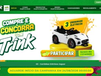 Banner da promoção Compre e Concorra com Trink, em parceria com Master Supermercados, oferecendo 3 carrinhos elétricos Jaguar como prêmio, com sorteio em 17/10/2026 e início da campanha em 24/08/2026.
