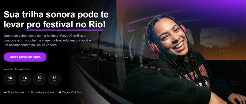 Banner do concurso cultural Clickbus "A Trilha Sonora da Janela": grave um vídeo com sua trilha sonora de viagem com a hashtag #VoudeClickBus e concorra a voucher de viagem e hospedagem para o Rio de Janeiro para dois.