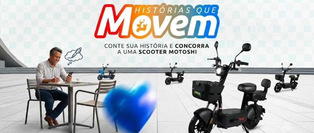 Banner do concurso cultural Histórias que Movem, promovido pelo Madrid Open Mall em parceria com a Motoshi, com prêmio de uma scooter elétrica para o vencedor em São José dos Campos SP