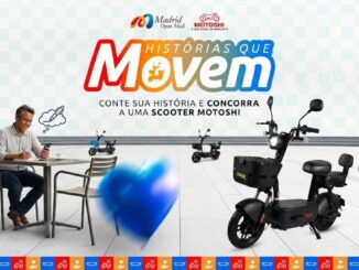 Banner do concurso cultural Histórias que Movem, promovido pelo Madrid Open Mall em parceria com a Motoshi, com prêmio de uma scooter elétrica para o vencedor em São José dos Campos SP