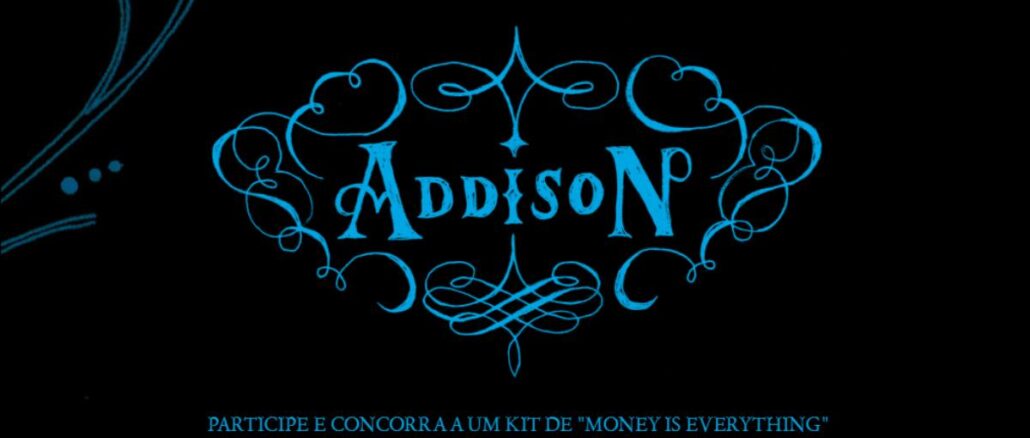 Concurso Money Is Everything Addison Rae Sony Music Imagem promocional do concurso "Money Is Everything" de Addison Rae pela Sony Music, com fundo preto e logotipo estilizado em azul turquesa com arabescos ornamentais.