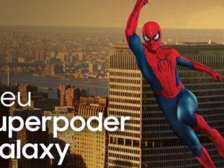 Homem-Aranha planando sobre a skyline de Nova York com o texto "Meu superpoder Galaxy" — arte do concurso Samsung Comunidades.