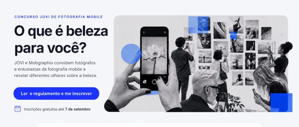 Banner do Concurso Jovi de Fotografia Mobile em parceria com a Mobgraphia, com o tema "O que é beleza para você?", apresentando inscrições gratuitas até 7 de setembro e prêmio de Kit de Fotografia Profissional JOVI X300 Ultra.
