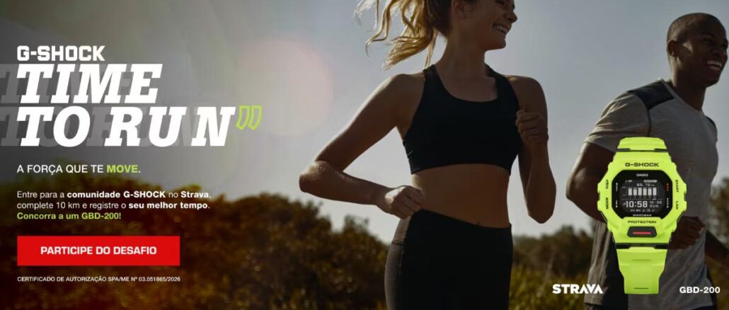 Banner do Desafio G-Shock Time To Run: dois corredores ao ar livre com relógio G-Shock GBD-200 amarelo-neon e logotipo da Strava.