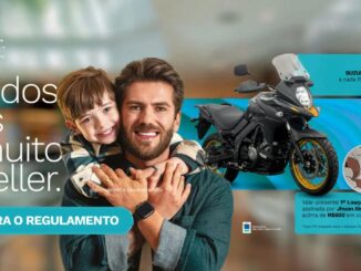 Banner da promoção Dia dos Pais do Shopping Mueller Joinville: concorra a uma moto Suzuki V-Strom 650XT a cada R$300 em compras e ganhe vale-presente de louça exclusiva assinada por Jhuan Alves acima de R$600 em compras.