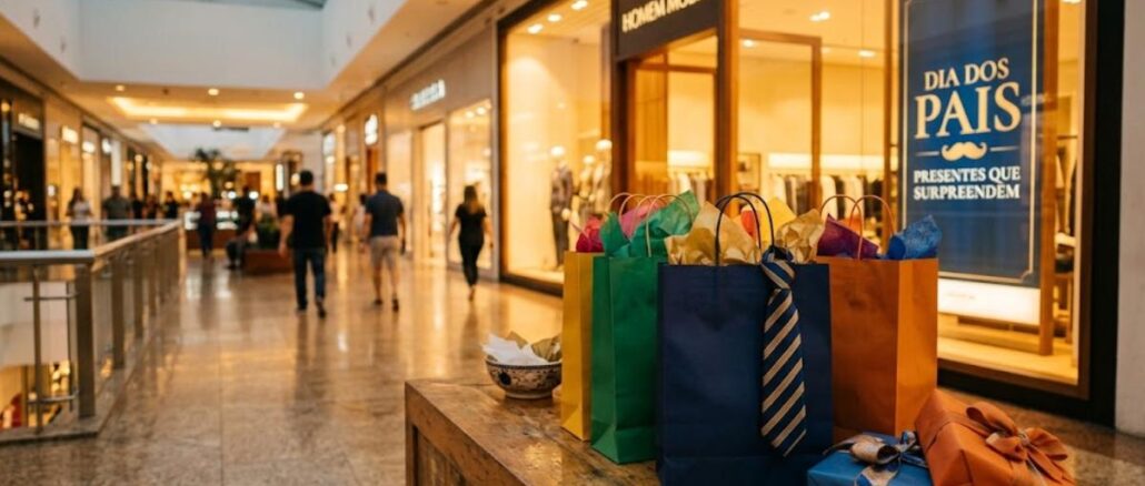 Corredor de shopping center decorado para o Dia dos Pais, com sacolas de presentes coloridas sobre balcão de madeira em primeiro plano e placa "Dia dos Pais – Presentes que Surpreendem" ao fundo.