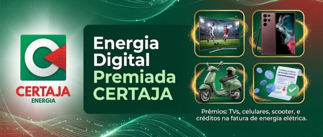 Energia Digital Premiada Certaja Banner da promoção Energia Digital Premiada Certaja, com prêmios como TVs, celulares, scooter e créditos na fatura de energia elétrica.