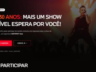 Banner do sorteio exclusivo UOL 30 Anos com Robbie Williams em show da Britpop Tour — inscrições de 10/08 a 28/09, sorteio em 30/09/2026.