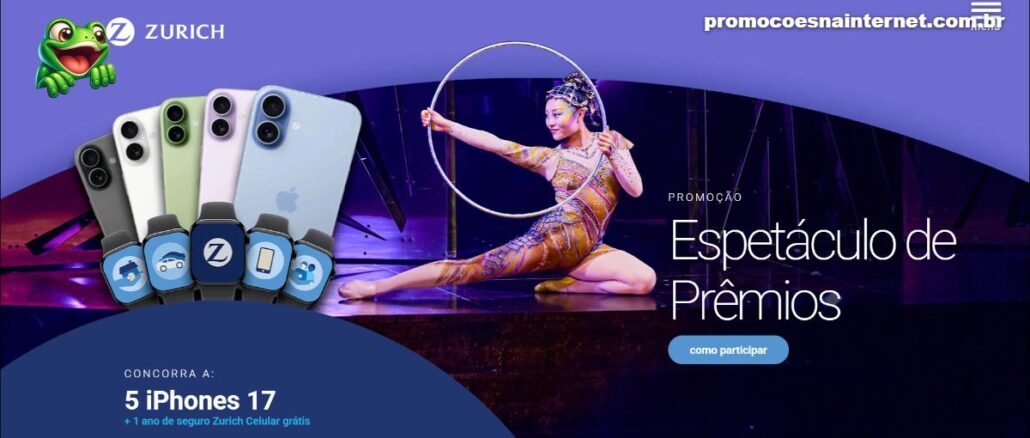 Banner da promoção Espetáculo de Prêmios da Zurich Seguros, com prêmios de 5 iPhones 17 e 5 Apple Watches Series 11.