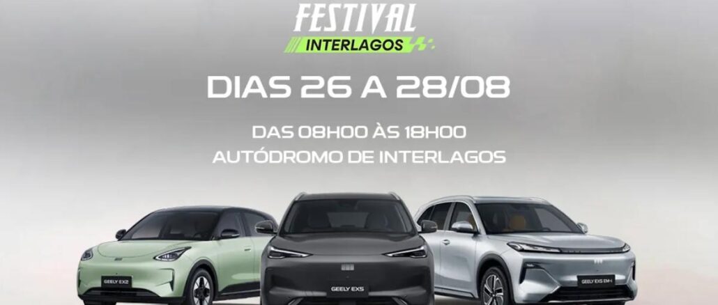 Geely Suhai Festival Interlagos 2026 Anúncio do Suhai Festival Interlagos com três modelos elétricos Geely — EX2, EX5 e EX5 EM-I — sobre fundo cinza, com a informação de que o evento acontece de 26 a 28 de agosto, das 8h às 18h, no Autódromo de Interlagos.
