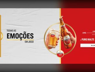 Banner promocional da Amstel Lager com fundo dividido em branco e vermelho, exibindo garrafa e copo da cerveja, logotipo da CONMEBOL Libertadores e chamada para cadastro.